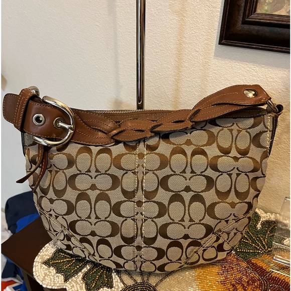 COACH Khaki/BrownSignature ShoulderBag.LeatherBraided Handle.SilverHardware.EUC - Picture 1 of 7